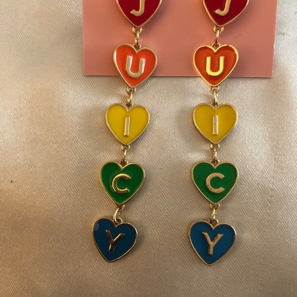 Juicy Couture Gold Tone Enamel Rainbow Stacked Juicy Hearts Drop Earrings NWT - Picture 5 of 11